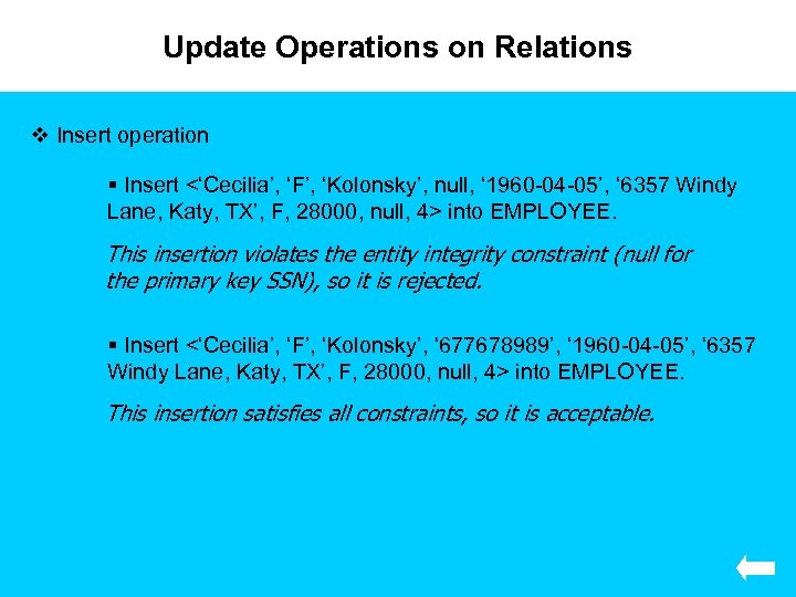 Update Operations on Relations v Insert operation § Insert <‘Cecilia’, ‘F’, ‘Kolonsky’, null, ‘
