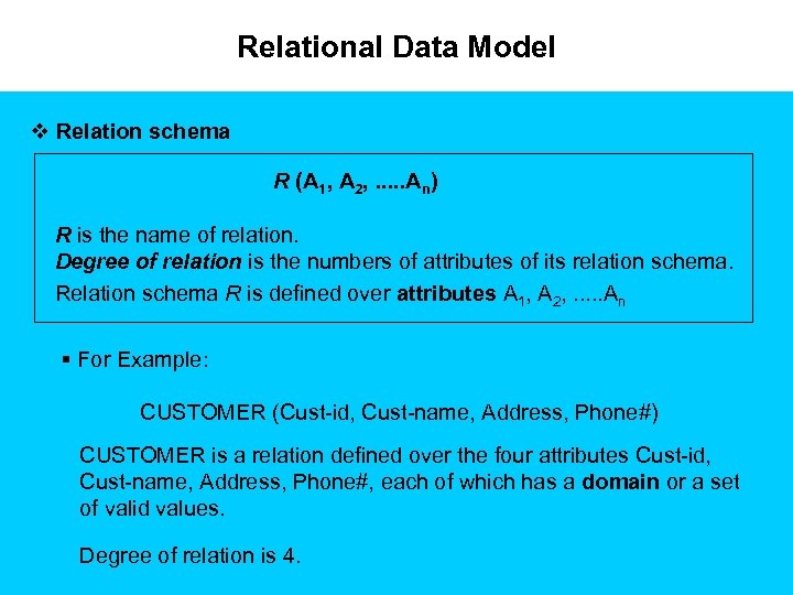 Relational Data Model v Relation schema R (A 1, A 2, . . .