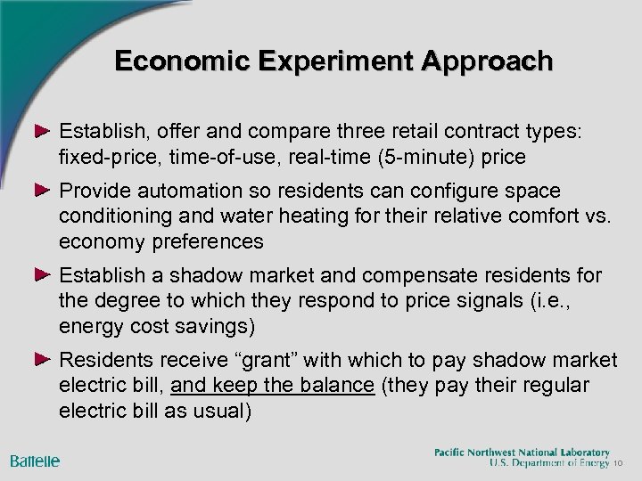 Economic Experiment Approach Establish, offer and compare three retail contract types: fixed-price, time-of-use, real-time