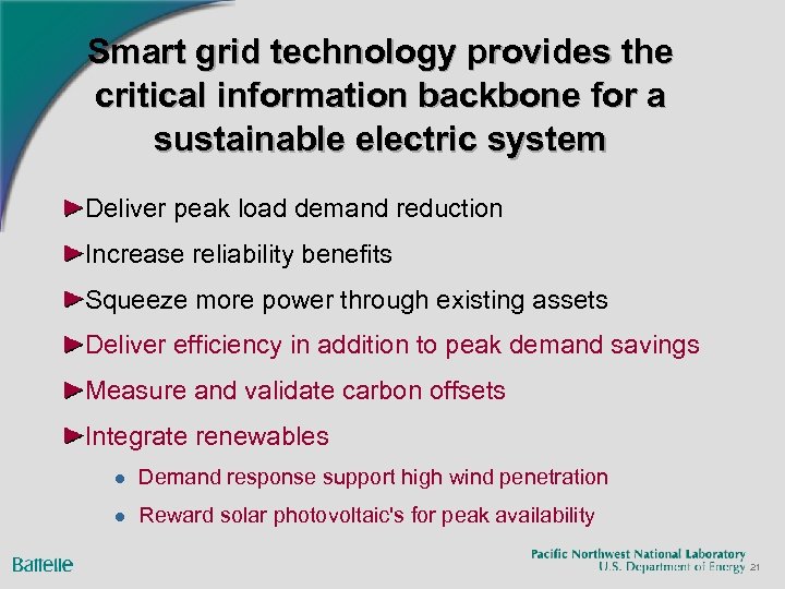 Smart grid technology provides the critical information backbone for a sustainable electric system Deliver