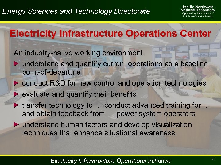 Energy Sciences and Technology Directorate Electricity Infrastructure Operations Center An industry-native working environment: understand