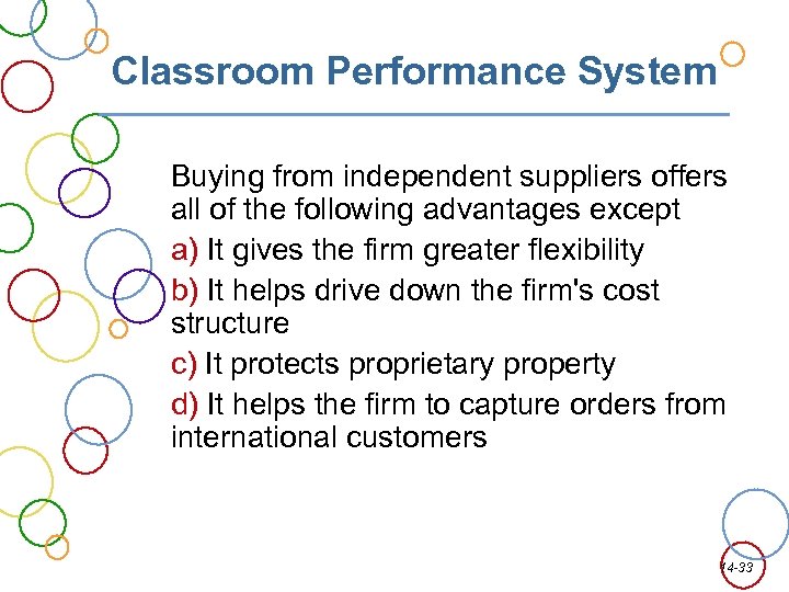 Classroom Performance System Buying from independent suppliers offers all of the following advantages except