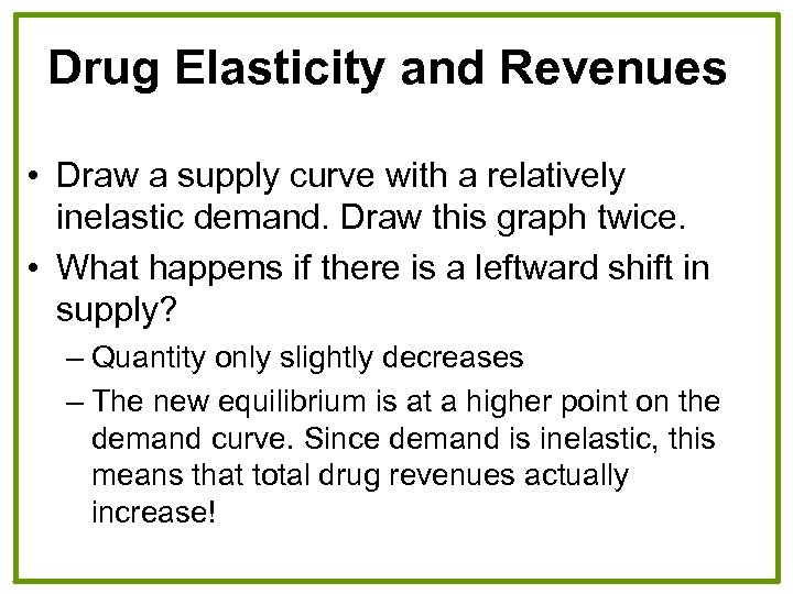 Drug Elasticity and Revenues • Draw a supply curve with a relatively inelastic demand.