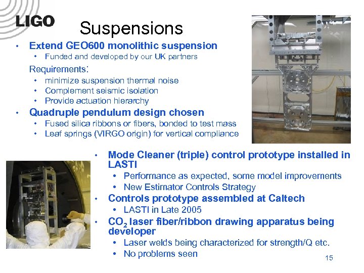 Suspensions • Extend GEO 600 monolithic suspension • Funded and developed by our UK