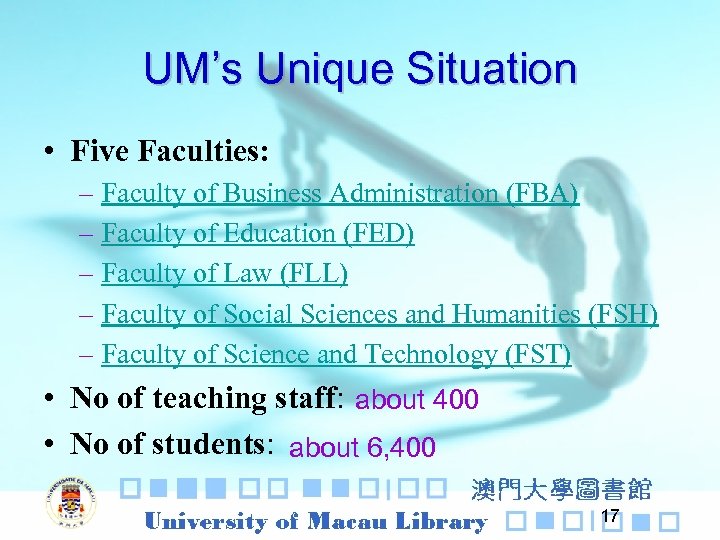 UM’s Unique Situation • Five Faculties: – Faculty of Business Administration (FBA) – Faculty