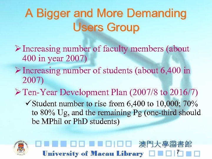 A Bigger and More Demanding Users Group Ø Increasing number of faculty members (about