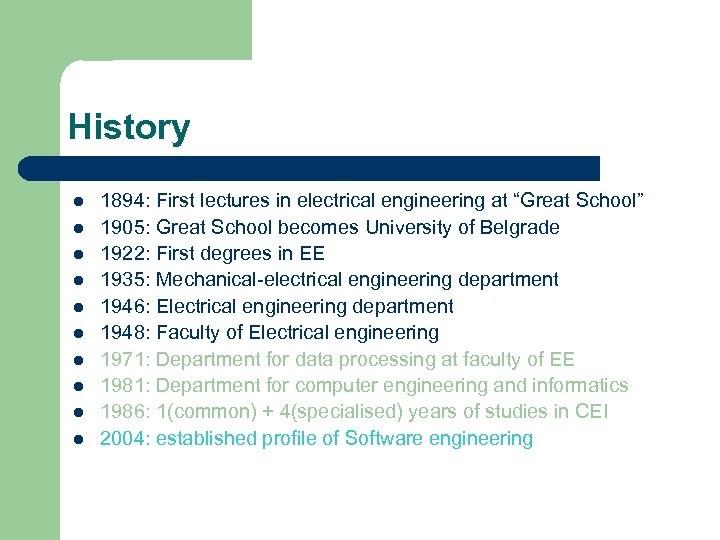 History l l l l l 1894: First lectures in electrical engineering at “Great