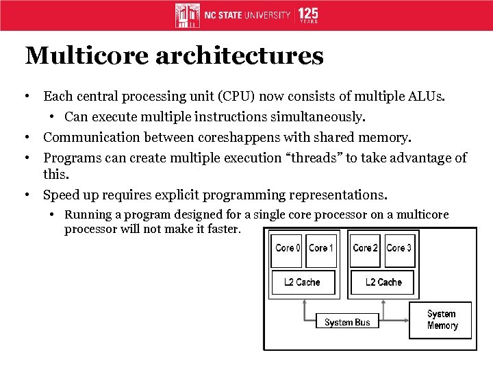 Multicore architectures • Each central processing unit (CPU) now consists of multiple ALUs. •