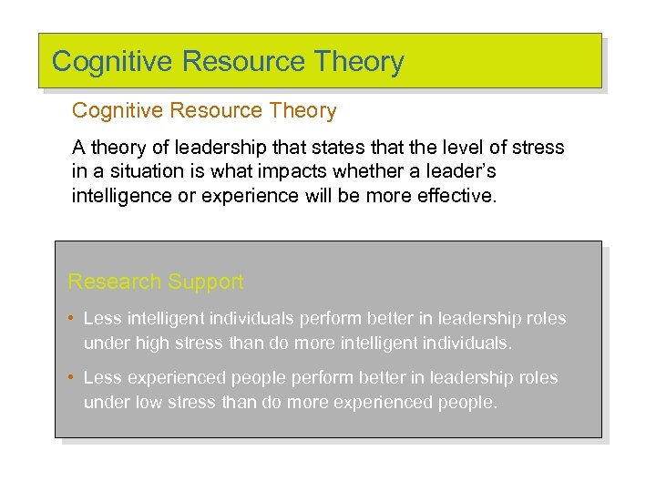 Cognitive Resource Theory A theory of leadership that states that the level of stress