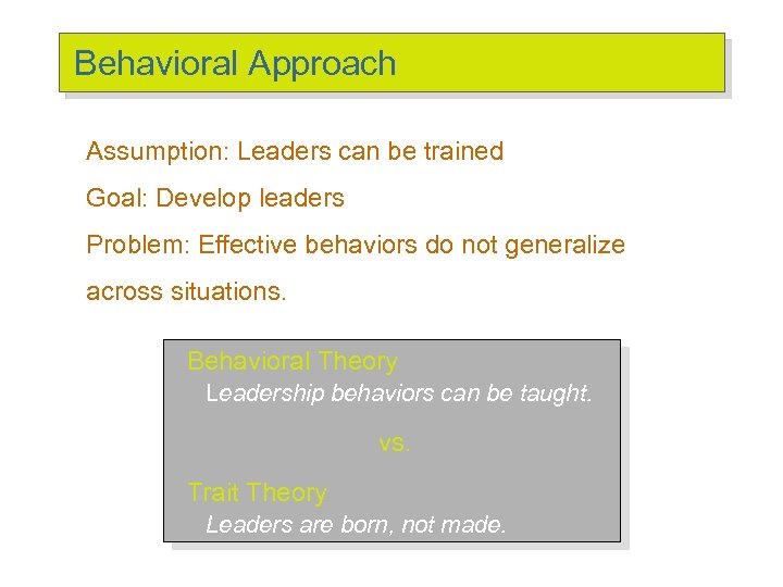 Behavioral Approach Assumption: Leaders can be trained Goal: Develop leaders Problem: Effective behaviors do