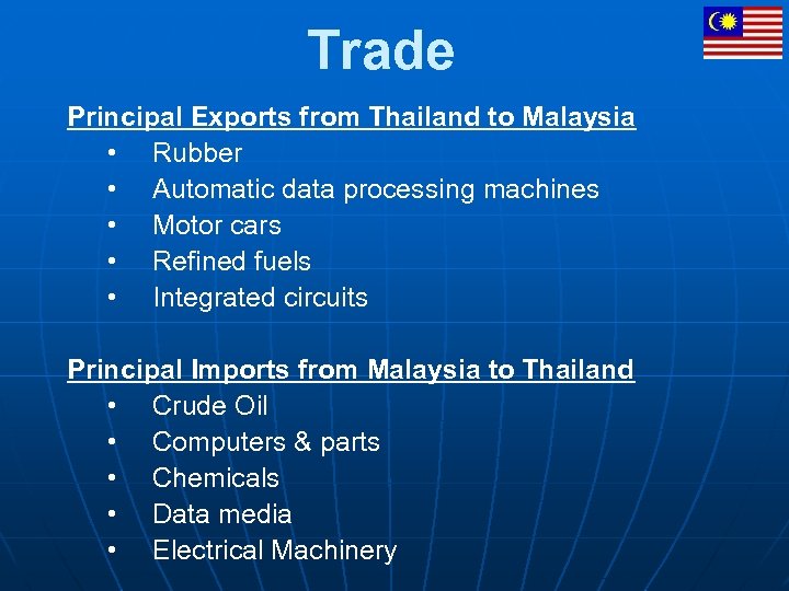 Trade Principal Exports from Thailand to Malaysia • Rubber • Automatic data processing machines