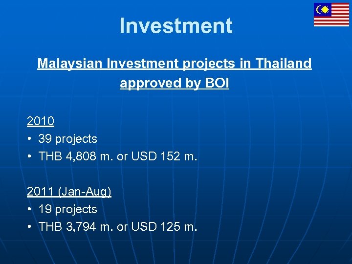 Investment Malaysian Investment projects in Thailand approved by BOI 2010 • 39 projects •