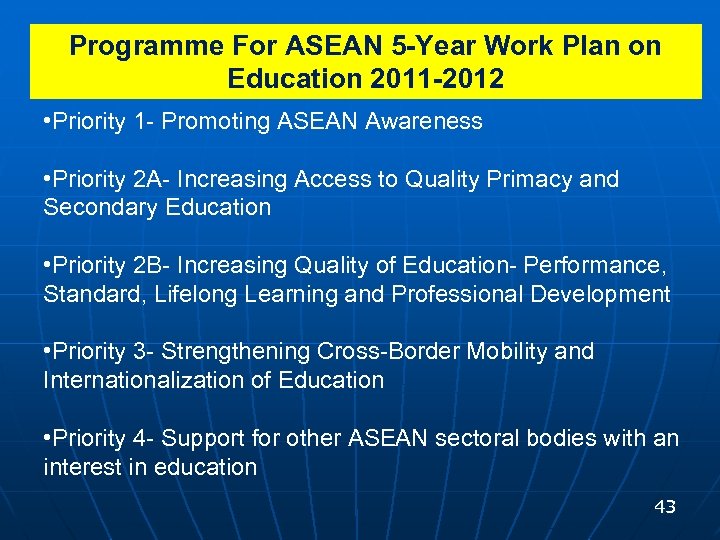 Programme For ASEAN 5 -Year Work Plan on Education 2011 -2012 • Priority 1
