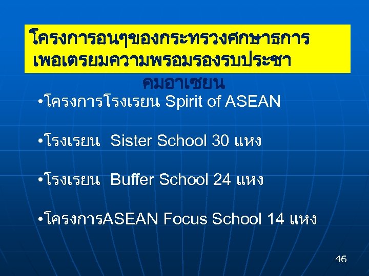 โครงการอนๆของกระทรวงศกษาธการ เพอเตรยมความพรอมรองรบประชา คมอาเซยน • โครงการโรงเรยน Spirit of ASEAN • โรงเรยน Sister School 30 แหง