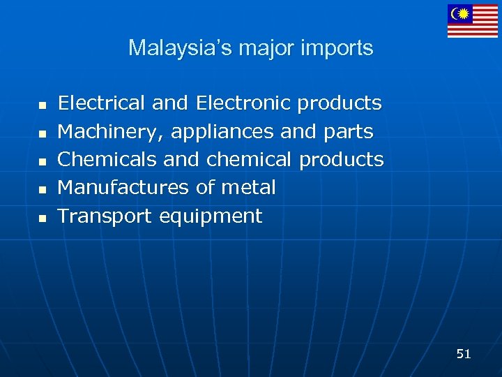 Malaysia’s major imports n n n Electrical and Electronic products Machinery, appliances and parts