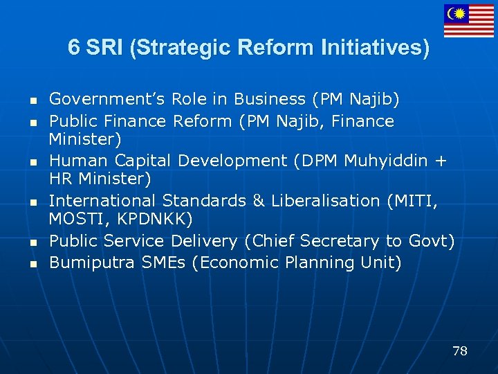 6 SRI (Strategic Reform Initiatives) n n n Government’s Role in Business (PM Najib)