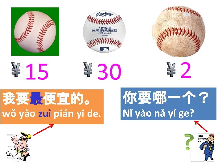 15 30 2 我要最便宜的。 你要哪一个？ wǒ yào zuì pián yi de. Nǐ yào nǎ