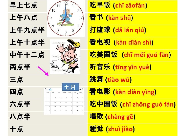 早上七点 吃早饭 (chī zǎofàn) 上午八点 看书 (kàn shū) 上午九点半 打篮球 (dǎ lán qiú) 上午十点半