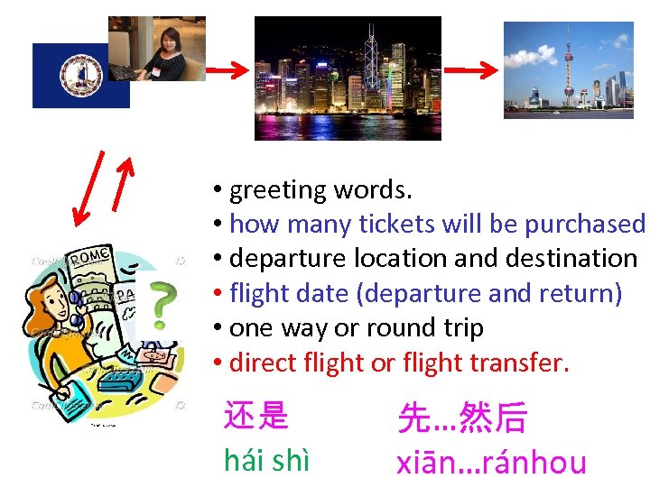  • greeting words. • how many tickets will be purchased • departure location