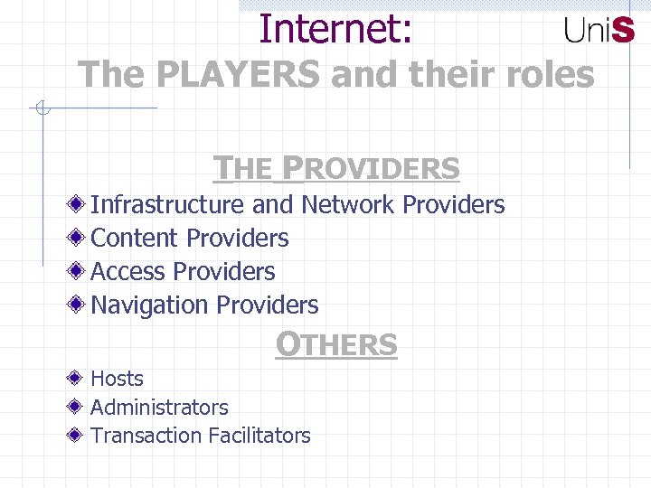 Internet: The PLAYERS and their roles THE PROVIDERS Infrastructure and Network Providers Content Providers