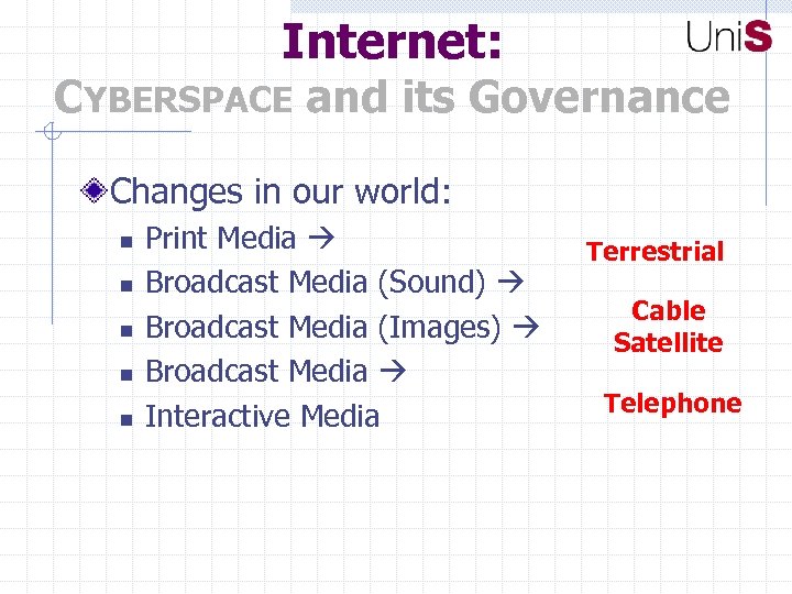 Internet: CYBERSPACE and its Governance Changes in our world: n n n Print Media