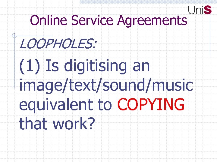 Online Service Agreements LOOPHOLES: (1) Is digitising an image/text/sound/music equivalent to COPYING that work?