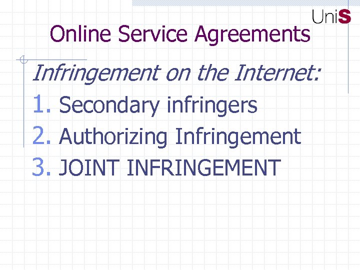 Online Service Agreements Infringement on the Internet: 1. Secondary infringers 2. Authorizing Infringement 3.