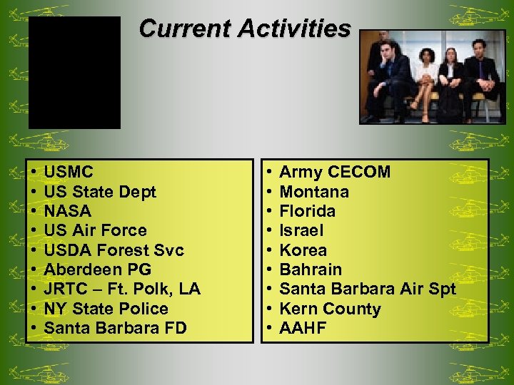 Current Activities • • • USMC US State Dept NASA US Air Force USDA