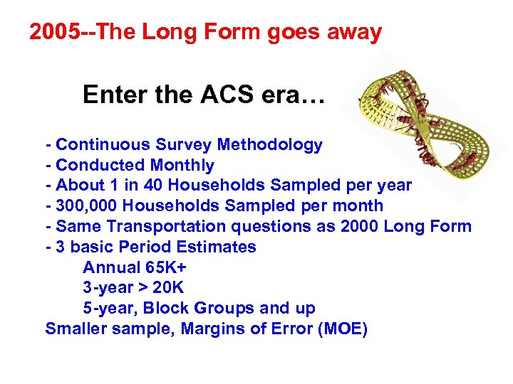 2005 --The Long Form goes away Enter the ACS era… - Continuous Survey Methodology