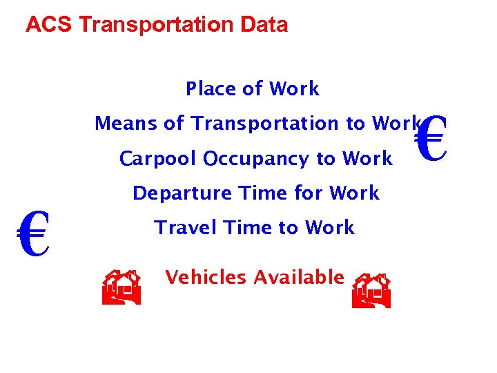 ACS Transportation Data Place of Work € Means of Transportation to Work Carpool Occupancy