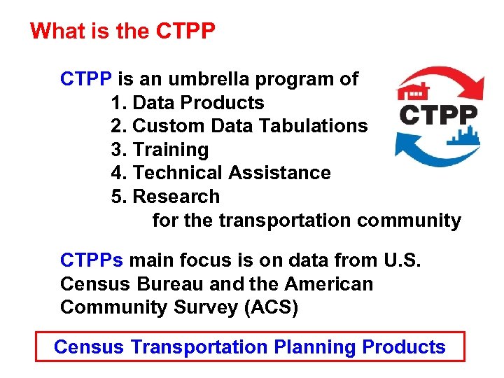 What is the CTPP is an umbrella program of 1. Data Products 2. Custom