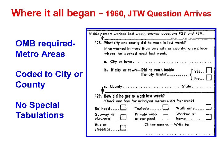 Where it all began ~ 1960, JTW Question Arrives OMB required. Metro Areas Coded