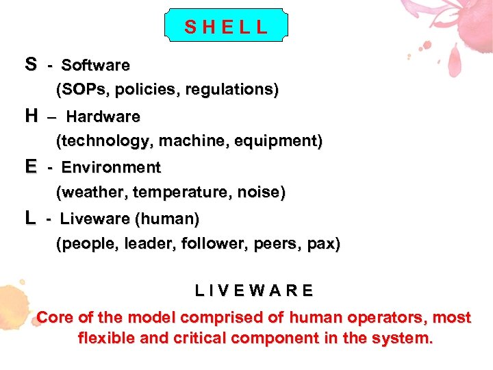 SHELL S - Software (SOPs, policies, regulations) H – Hardware (technology, machine, equipment) E