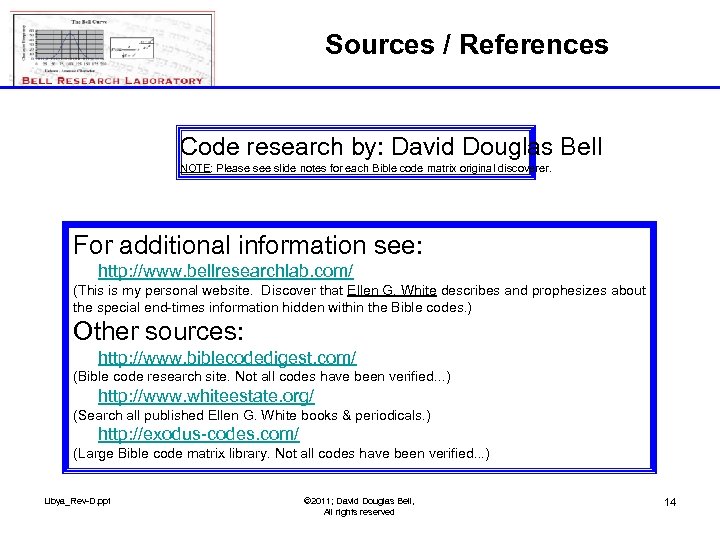 Sources / References Code research by: David Douglas Bell NOTE: Please see slide notes