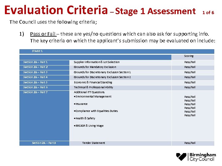 Evaluation Criteria – Stage 1 Assessment 1 of 6 The Council uses the following