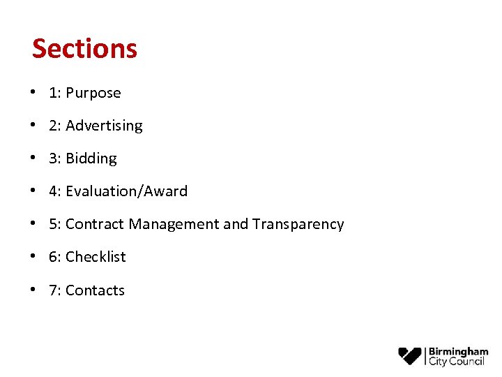  Sections • 1: Purpose • 2: Advertising • 3: Bidding • 4: Evaluation/Award