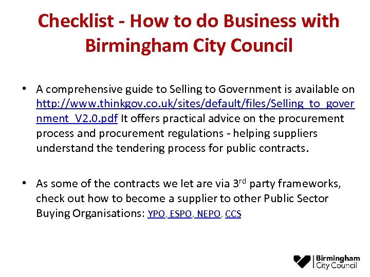Checklist - How to do Business with Birmingham City Council • A comprehensive guide