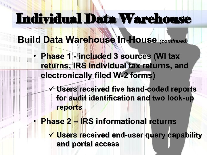 Individual Data Warehouse Build Data Warehouse In-House (continued) • Phase 1 - included 3