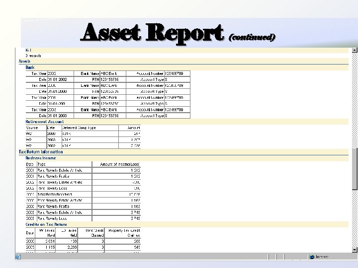 Asset Report (continued) 