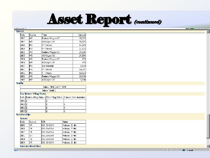 Asset Report (continued) 