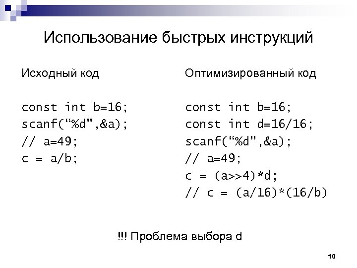 Использование быстрых инструкций Исходный код Оптимизированный код const int b=16; scanf(“%d”, &a); // a=49;