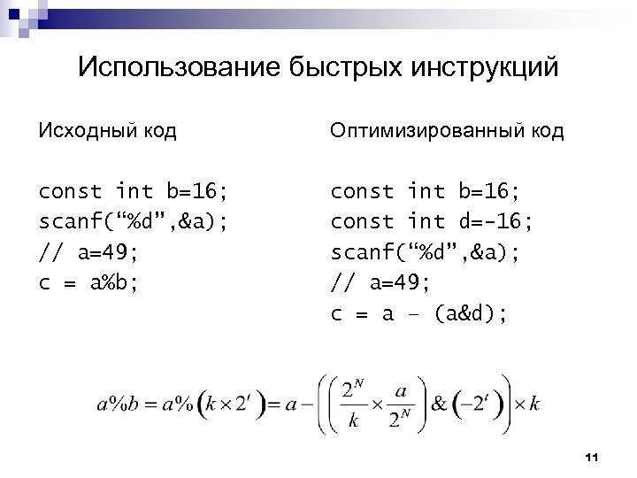 Использование быстрых инструкций Исходный код Оптимизированный код const int b=16; scanf(“%d”, &a); // a=49;