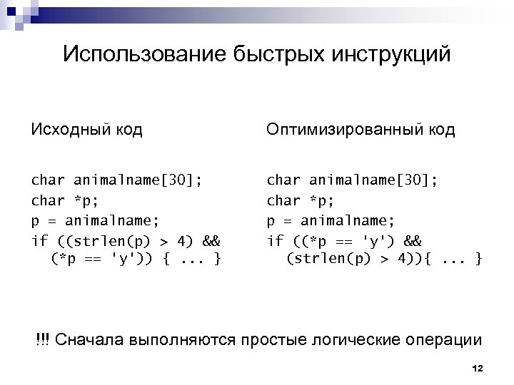 Использование быстрых инструкций Исходный код Оптимизированный код char animalname[30]; char *p; p = animalname;