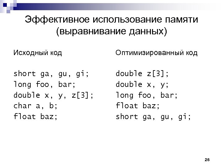 Эффективное использование памяти (выравнивание данных) Исходный код Оптимизированный код short ga, gu, gi; long