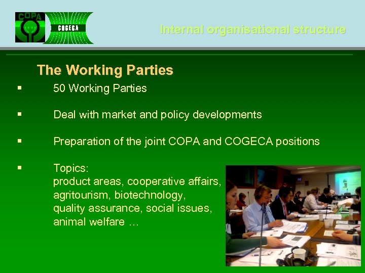 Internal organisational structure The Working Parties § 50 Working Parties § Deal with market
