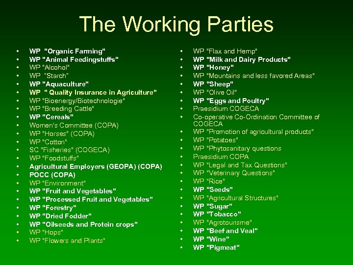 The Working Parties • • • • • • WP "Organic Farming" WP "Animal