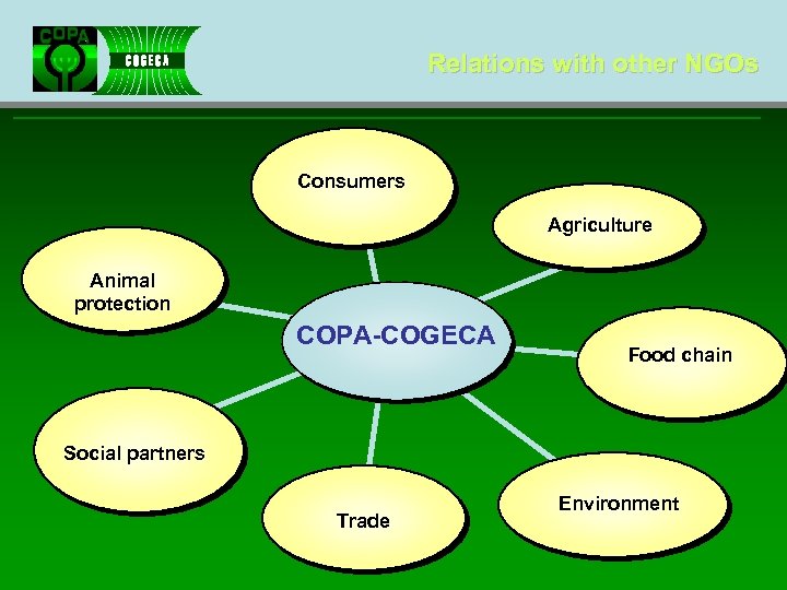 Relations with other NGOs Consumers Agriculture Animal protection COPA-COGECA Food chain Social partners Trade