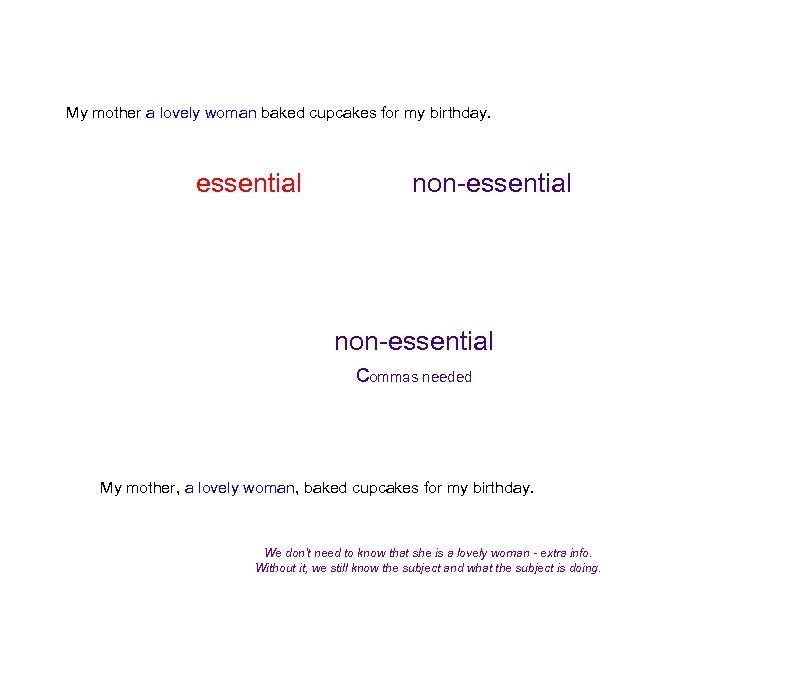 My mother a lovely woman baked cupcakes for my birthday. essential non-essential commas needed