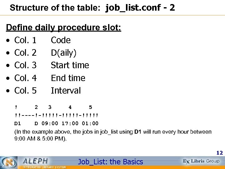 Structure of the table: job_list. conf - 2 Define daily procedure slot: • Col.