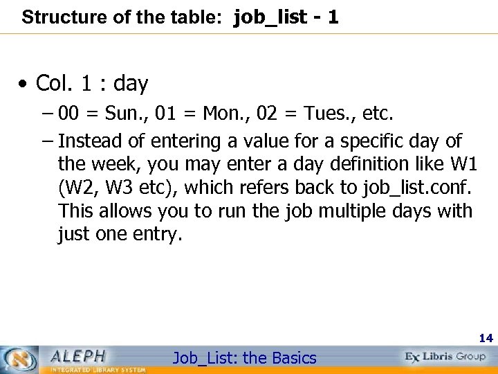 Structure of the table: job_list - 1 • Col. 1 : day – 00